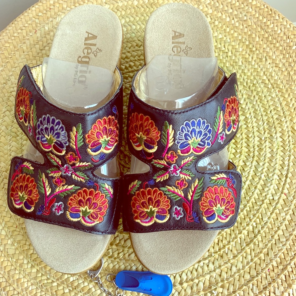 Alegria Embroidered Leather Wedge Sandals - Linn